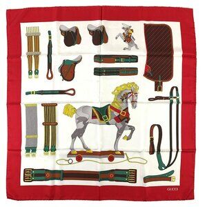 Gucci Italian Silk Square Scarf With Equestrian Horse Pattern (Made In Italy)